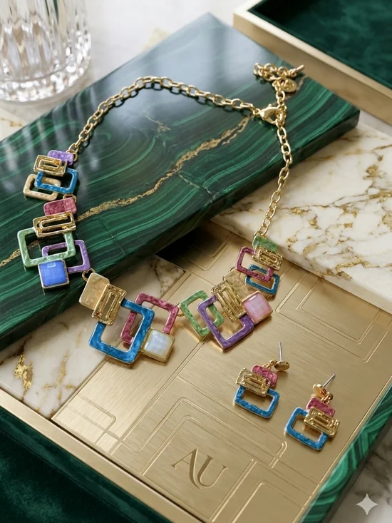Multicolor Enamel Geometric Square Necklace and Earring Set - Gold-Tone - Picture 6 of 9